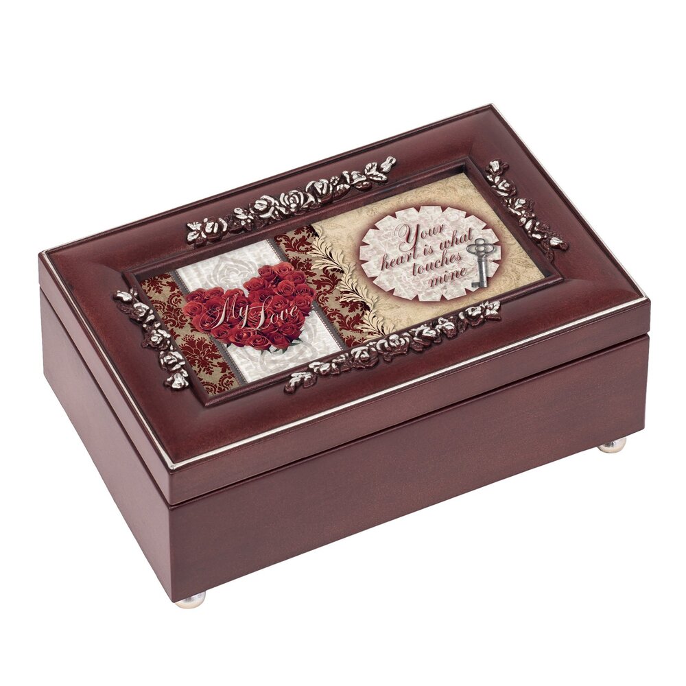 6131 My Love Your Heart Rosewood Finish Embossed Jewelry Music Box - Plays